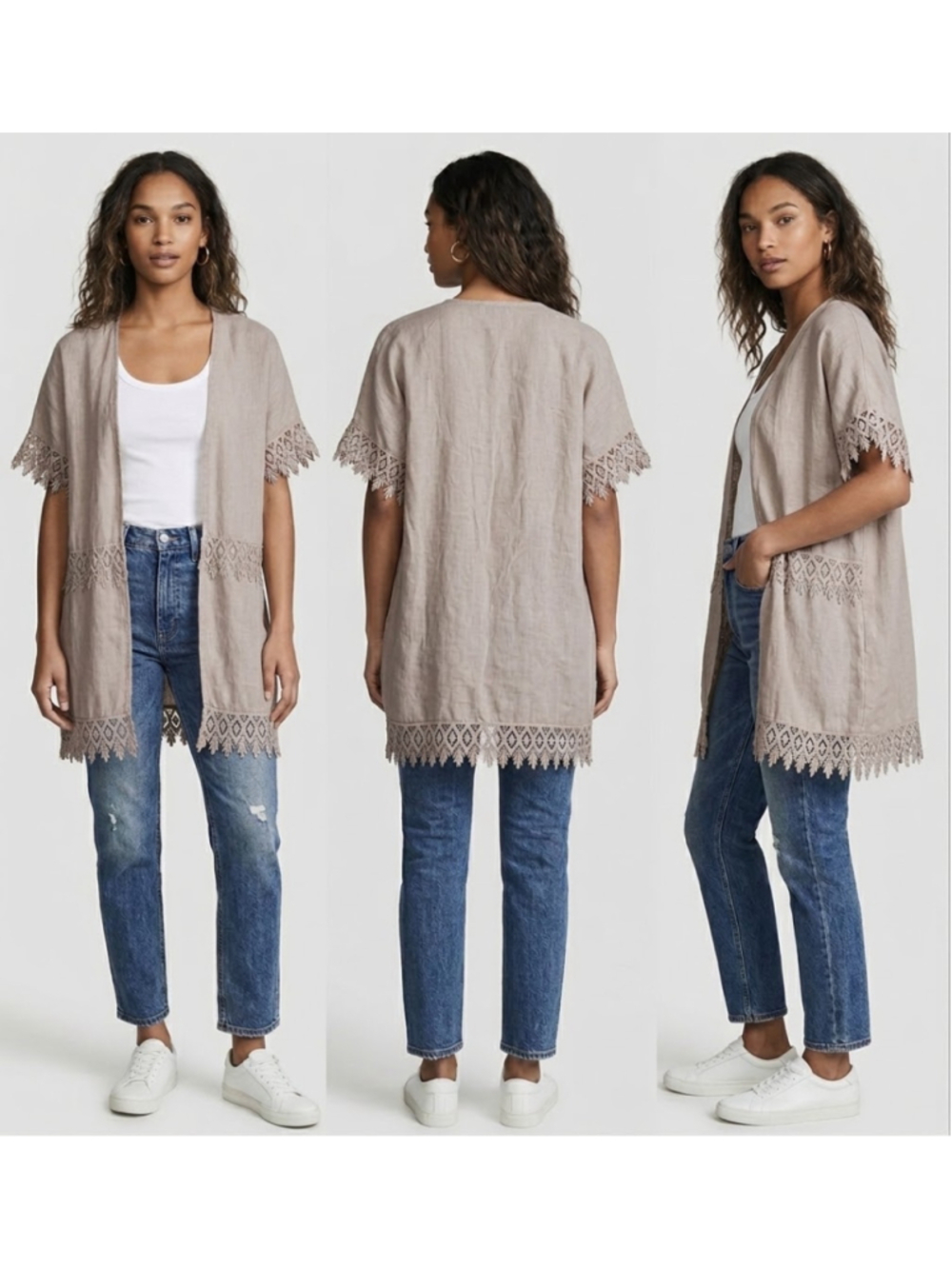 Valentina Naldi Italian Linen Lace Fringe Kimono Cardigan Cover Up Beige OS